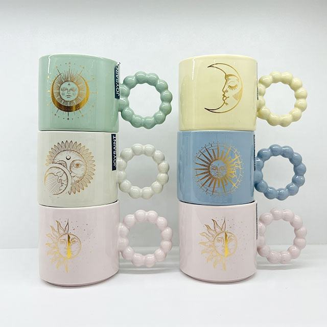 Набор кофейных кружек с круглой ручкой, цветной глазурью, кружка с золотой наклейкой